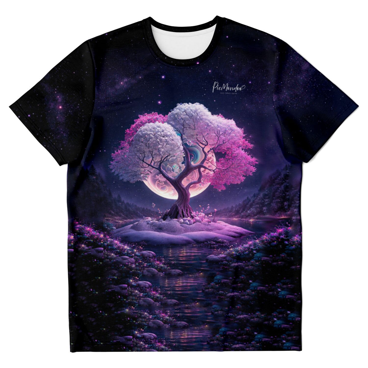T-Shirt mit traumhaftem Diamond Painting Motiv: pinker Baum bei Nacht vor Vollmond, inspiriert durch Malen nach Zahlen