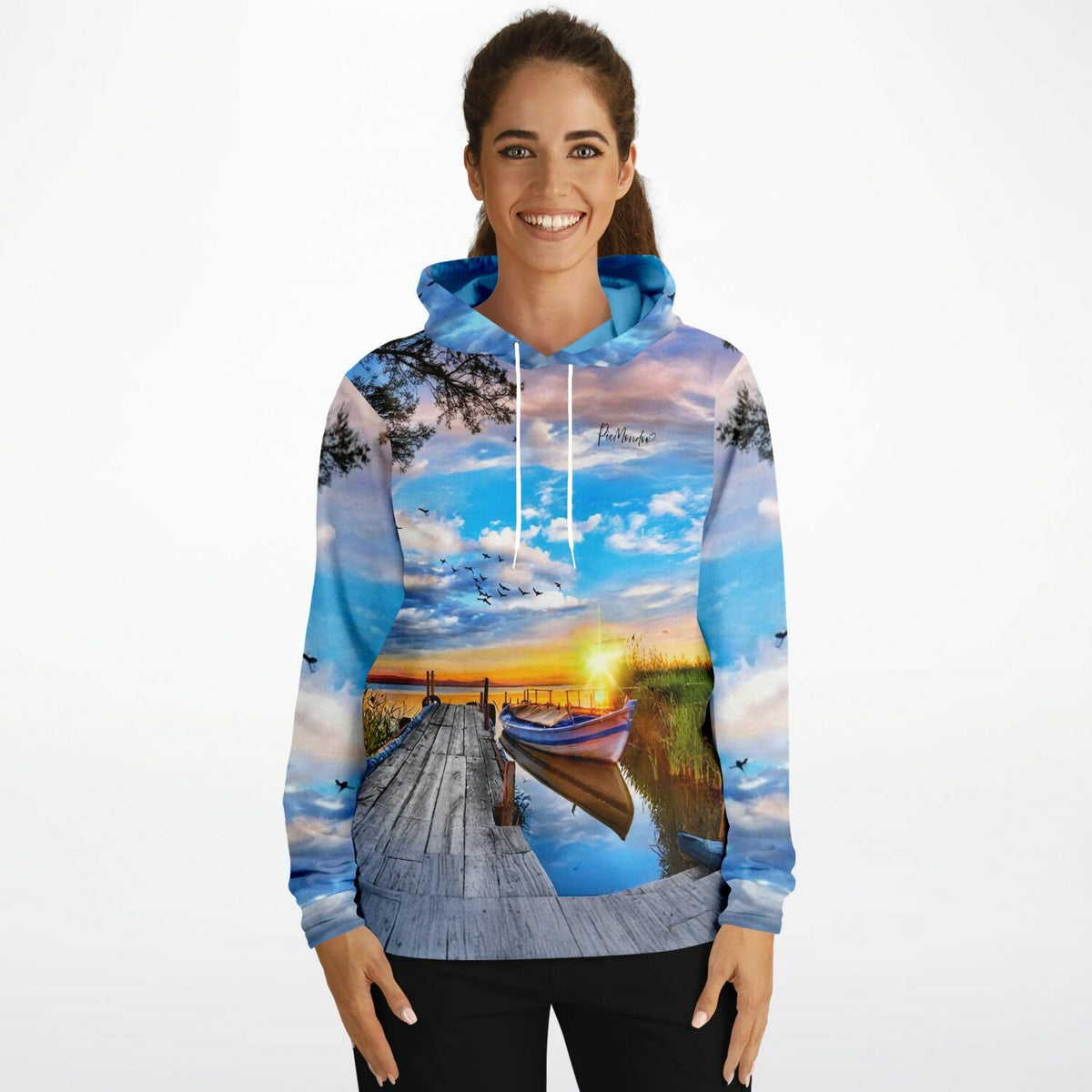 Dreamer Hoodie mit Sonniger Abend am See Motiv, ideal für Fans von Malen nach Zahlen und Diamond Painting Kunst-Designs.