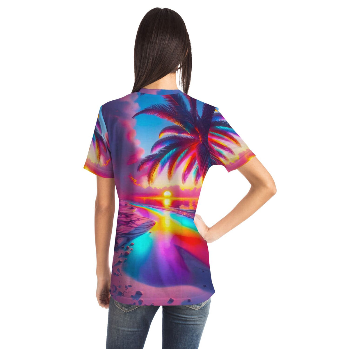 T-Shirt mit buntem Zauberstrand-Motiv, Palmen und Sonnenuntergang im Stil unserer Diamond Painting und Malen nach Zahlen Sets