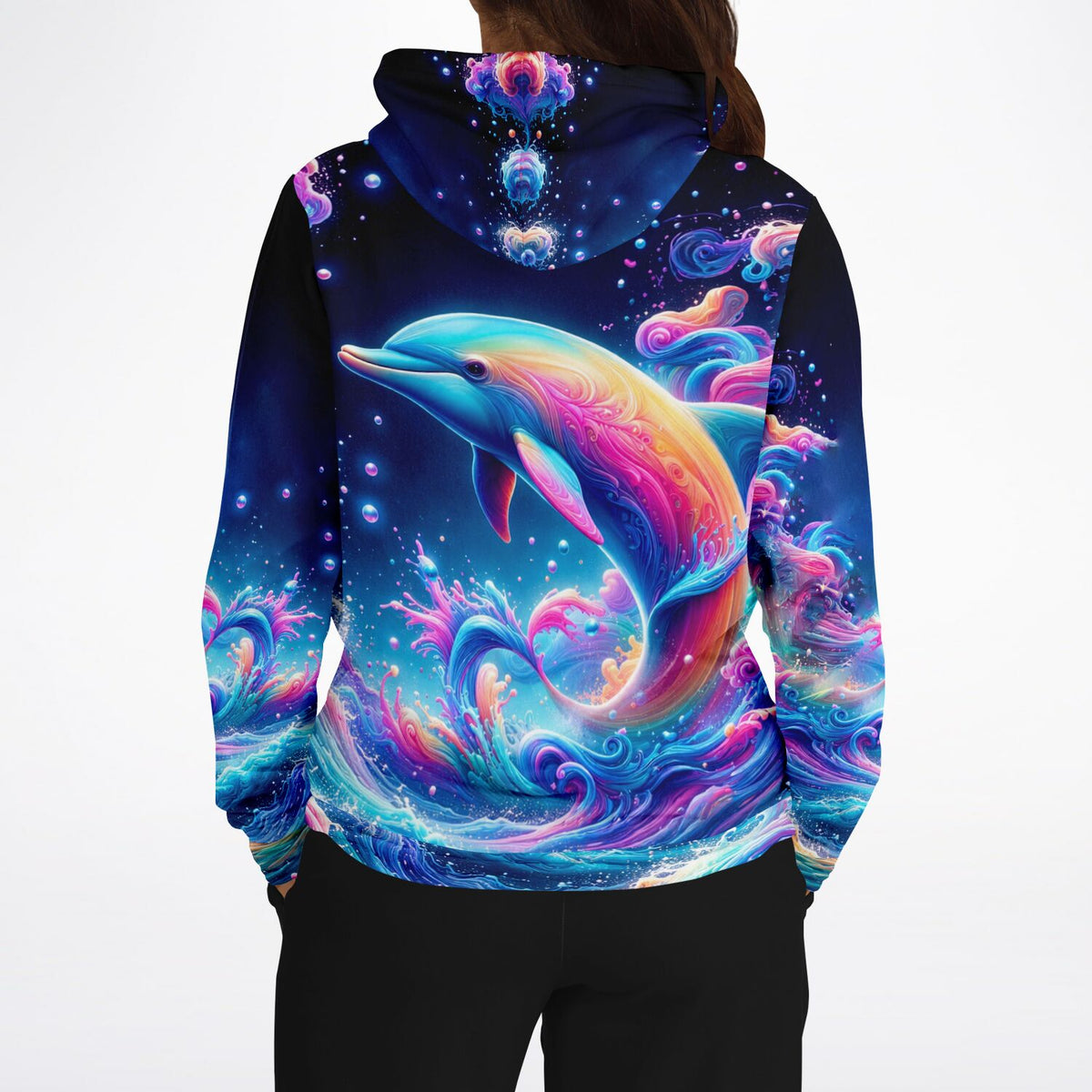 Dreamer Hoodie mit Delfin Motiv im bunten Farbenmeer, ideal für Fans von Diamond Painting und Malen nach Zahlen Designs