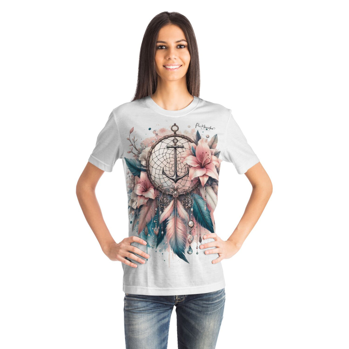 Weißes T-Shirt für Damen mit Dream-Anker Motiv, inspiriert durch Diamond Painting und Malen nach Zahlen Design.