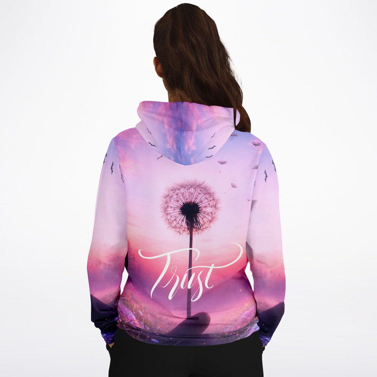 Dreamer Hoodie Trust mit Pusteblume-Motiv in Violett und Pink, ideal für Fans von Malen nach Zahlen und Diamond Painting