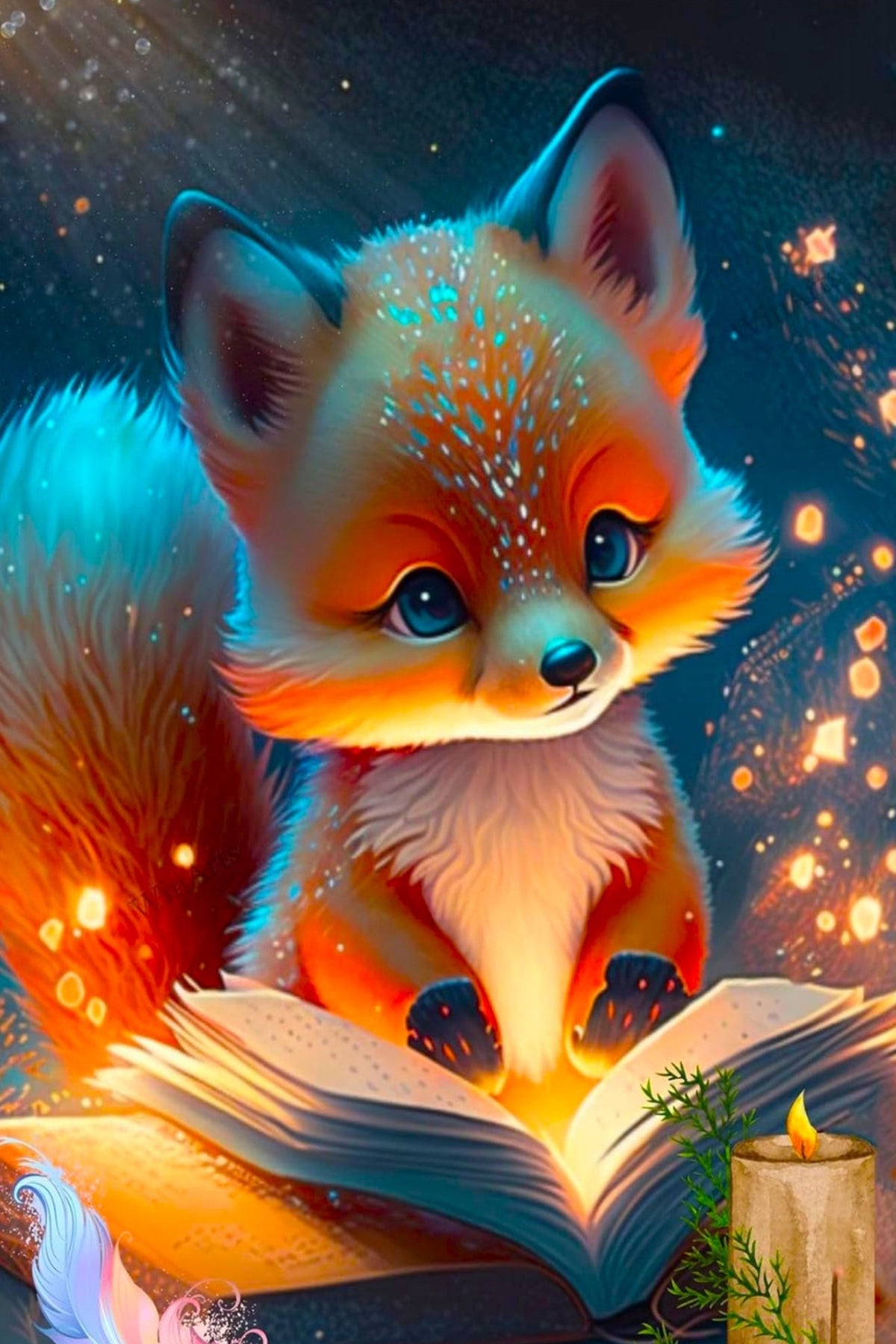 Diamond Painting Set eines süßen Fuchses beim Lesen in einer magischen Waldszene mit glitzernden AB-Steinen