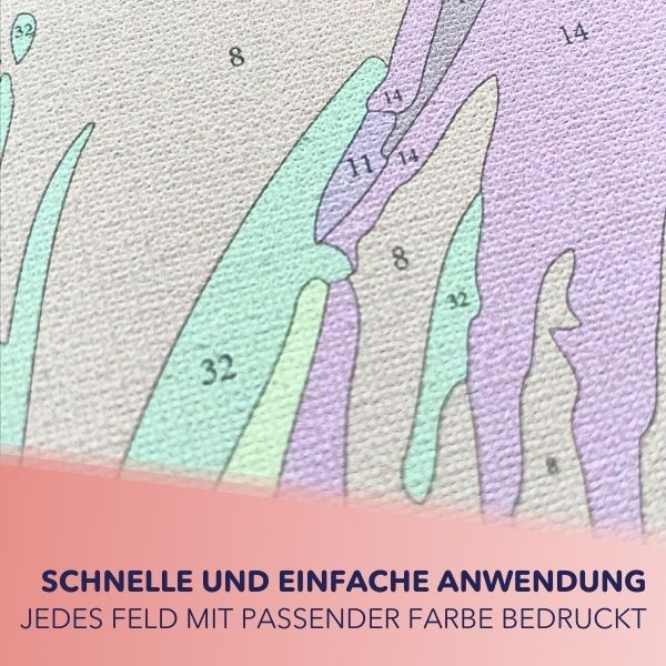 Detailansicht der Leinwand für Malen nach Zahlen Erwachsene Motiv Seeblick mit nummerierten Feldern für einfache Anwendung