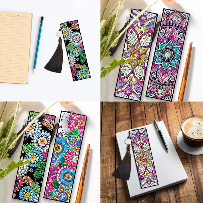 2er Set Diamond Painting Lesezeichen mit buntem Mandala und Blumen Motiv und eleganten Quasten für Bücherliebhaber