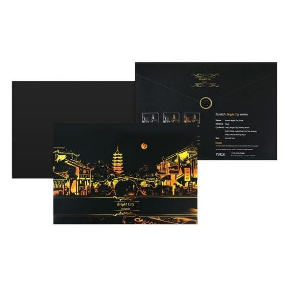 Scratch Painting Set mit asiatischer Stadtlandschaft im Gold-Schwarz-Design für kreative DIY-Kunstwerke.