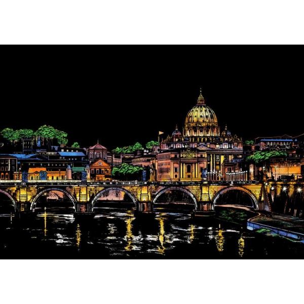 Scratch Painting Set Städte Motiv mit beleuchteter Kirche und Brücke bei Nacht als kreatives DIY Kunstwerk