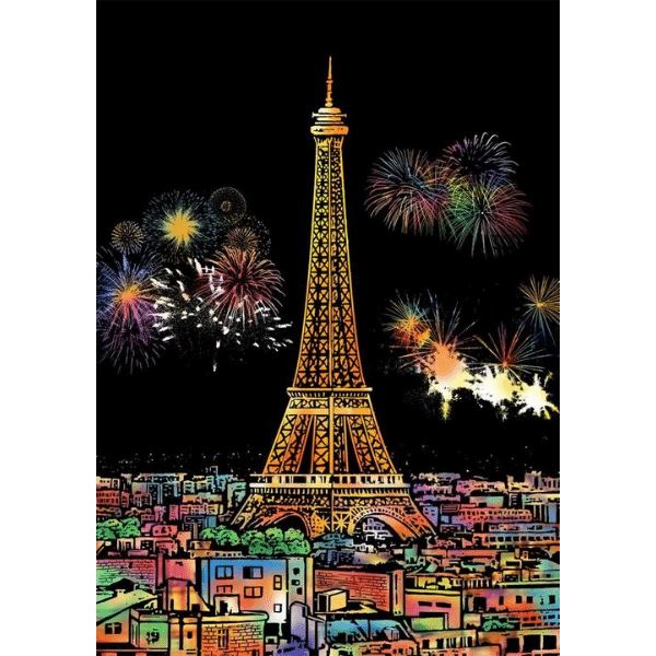 Eiffelturm Scratch Painting Kunstwerk mit buntem Feuerwerk über der Skyline von Paris für DIY-Bastelfans