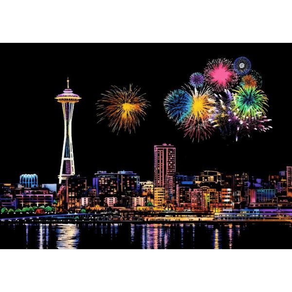 Scratch Painting Set mit Seattle Skyline und buntem Feuerwerk als kreatives DIY Kunstwerk zum Selbermachen