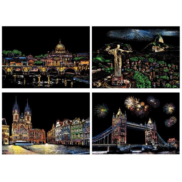 4er Set Scratch Painting mit berühmten Weltstädten wie London und Prag, ideal als DIY-Alternative zu Malen nach Zahlen.