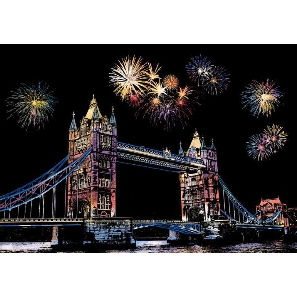 Scratch Painting Set mit Tower Bridge Motiv in London bei Nacht inkl. buntem Feuerwerk als DIY-Kunstwerk für Erwachsene