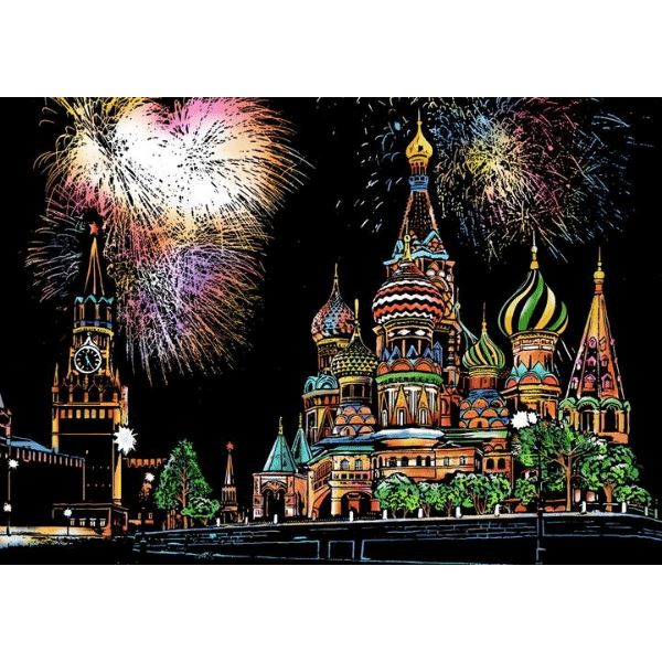 Scratch Painting Set mit der Basilius-Kathedrale in Moskau und buntem Feuerwerk als DIY-Kunstwerk