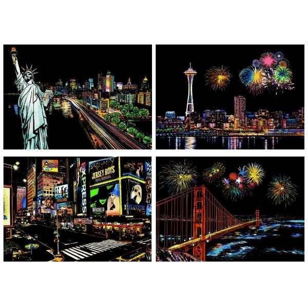 Scratch Painting XL 4er Set mit bunten Stadt-Motiven wie New York, Freiheitsstatue und Golden Gate Bridge zum Basteln