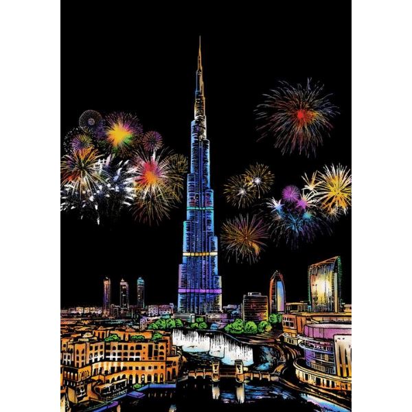Scratch Painting Dubai Burj Khalifa bei Nacht mit buntem Feuerwerk als DIY-Kunstwerk für kreative Bastelfreunde