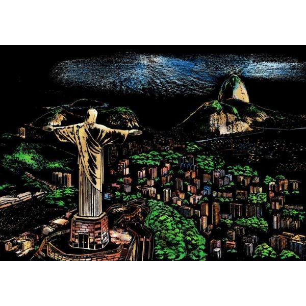 Scratch Painting Set mit Motiv Rio de Janeiro: Christusstatue über der Stadt bei Nacht als kreatives DIY-Kunstwerk