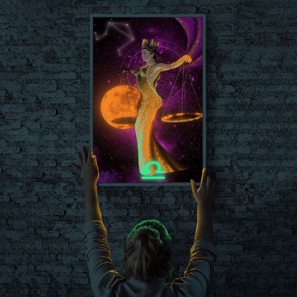 Leuchtendes Diamond Painting Set Sternzeichen Waage mit glühendem Mond und Leuchtsteinen im 40x60cm Format