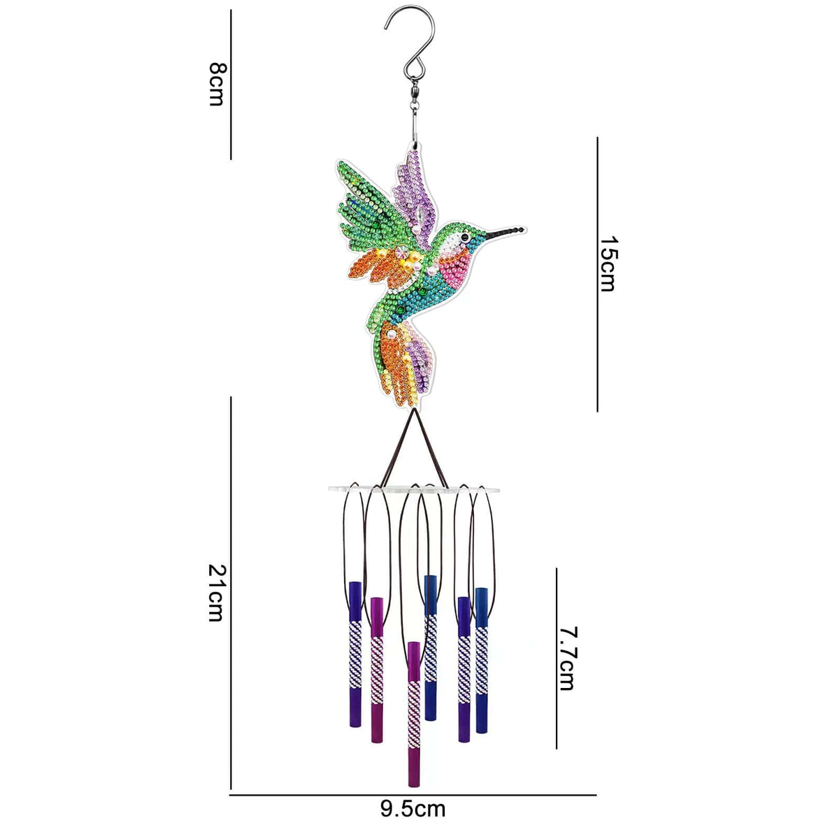 Diamond Painting Windspiel mit buntem Kolibri-Motiv und glitzernden Strass-Steinen als dekoratives DIY-Set
