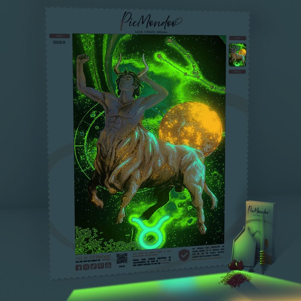 Leuchtendes Diamond Painting Set Sternzeichen Stier mit grünen Spezialsteinen für ein mystisches Fantasy-Motiv