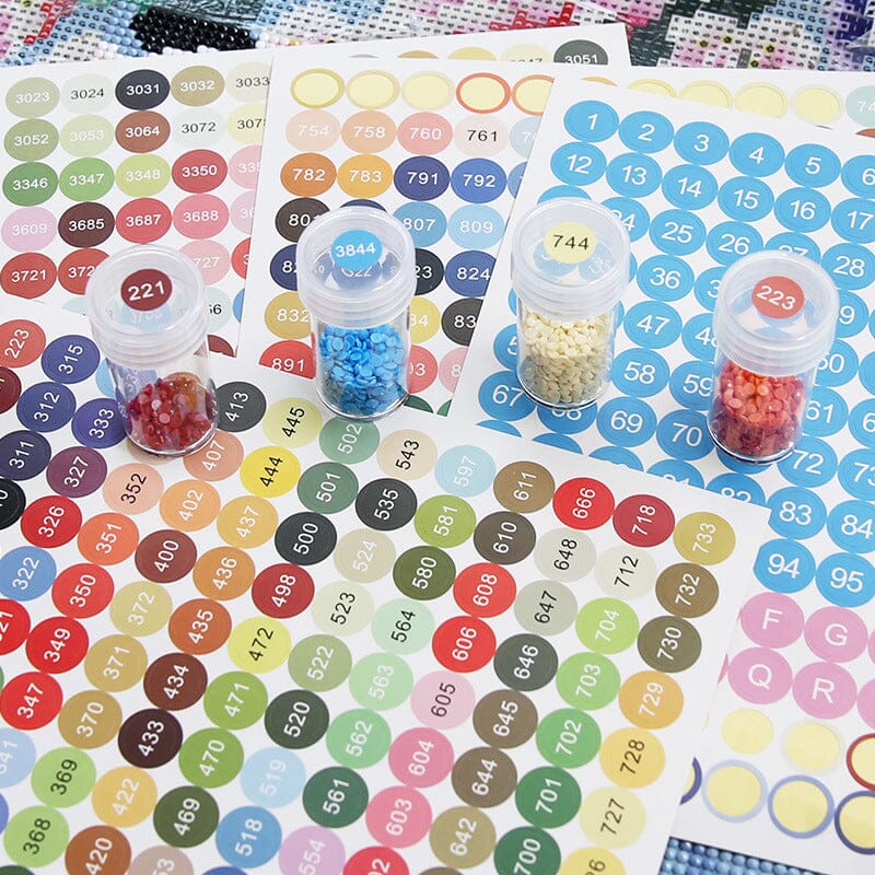 Bunte DMC Sticker Etiketten für die Diamond Painting Aufbewahrung und Sortierung von Diamanten in kleinen Dosen