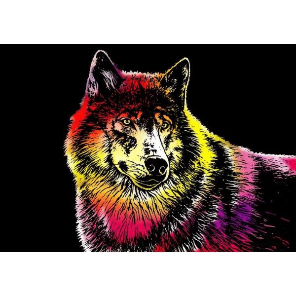 Buntes Scratch Painting Wolf Motiv auf schwarzem Hintergrund für DIY-Kunst Liebhaber