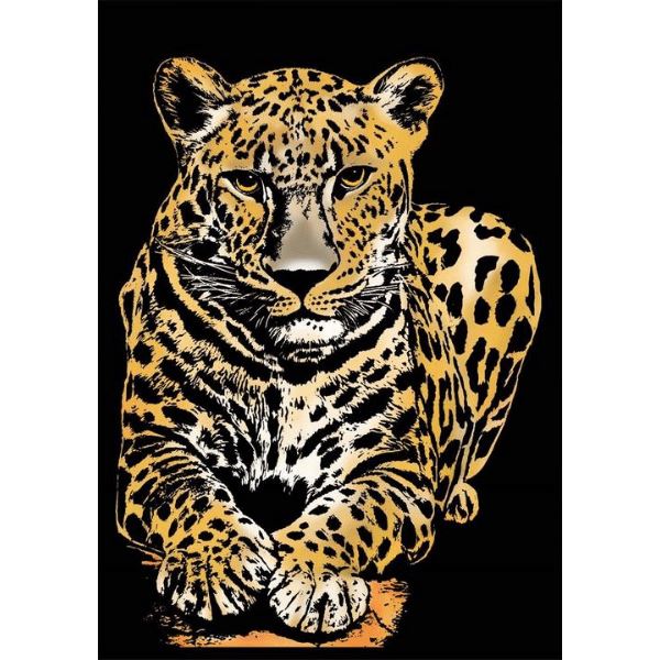 Scratch Painting Set mit einem goldenen Leoparden Motiv auf schwarzem Hintergrund für DIY-Kunst Liebhaber