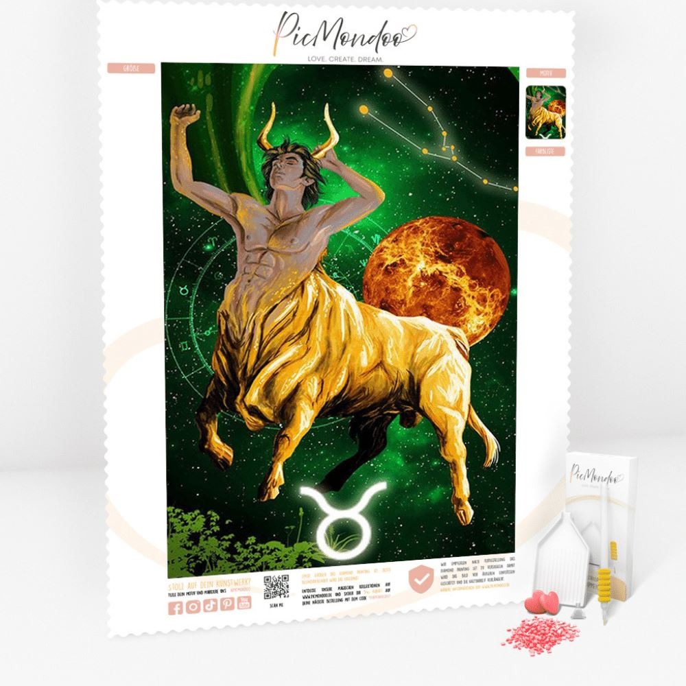 Diamond Painting Set Sternzeichen Stier mit leuchtenden Steinen und mystischem Centaur Motiv, 40x60cm