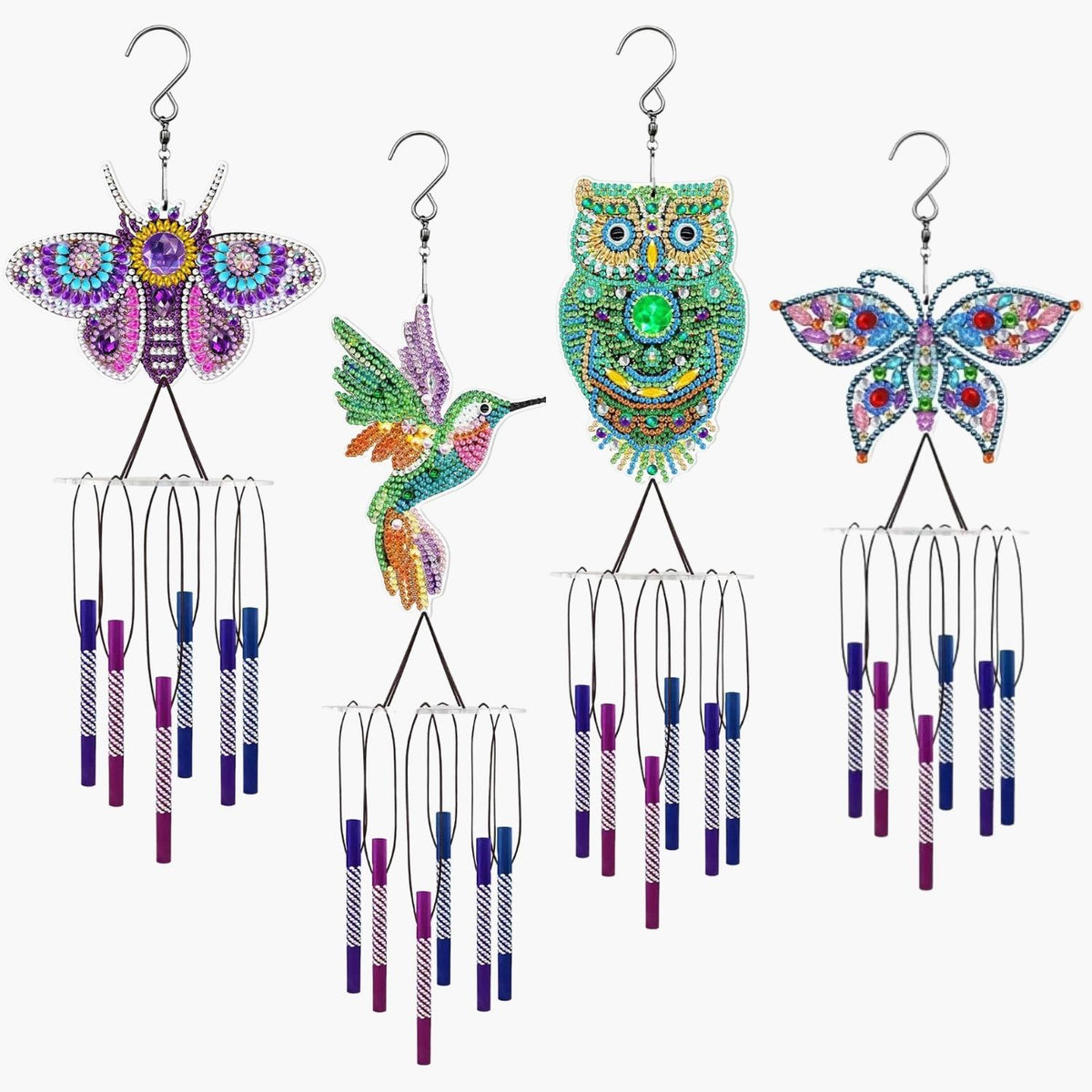 Diamond Painting Windspiel Set mit Motiven wie Eule, Schmetterling und Vogel, verziert mit bunten glitzernden Strasssteinen