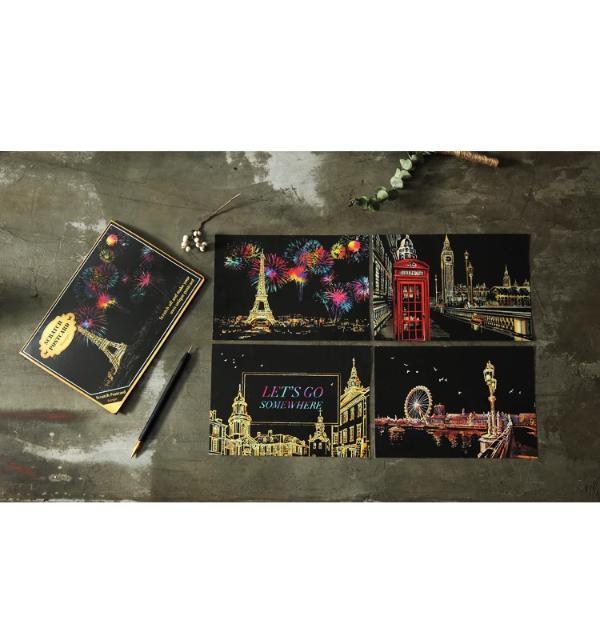 Picmondoo Scratch Painting Set mit 4 Europa Postkarten, Skyline Motiven von Paris und London sowie Kratzstift.