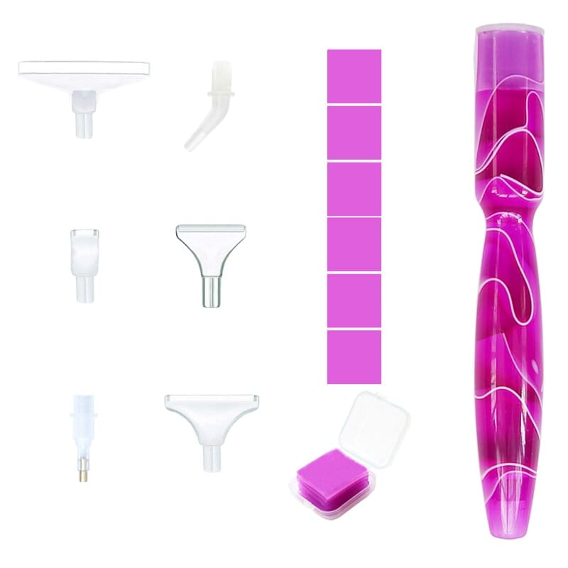 Lila marmorierter Diamond Painting Stift mit 6 verschiedenen Aufsätzen und Wachsbox für präzises Diamond Painting Zubehör