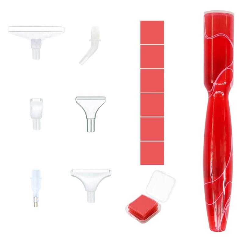 Roter marmorierter Diamond Painting Stift mit Zubehör, verschiedenen Aufsätzen und Wachs für 5D Diamond Painting Sets