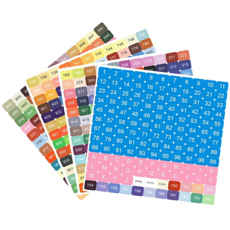 Bunte DMC Etiketten und Nummern-Sticker zur Organisation von Diamond Painting Zubehör und Aufbewahrungsboxen