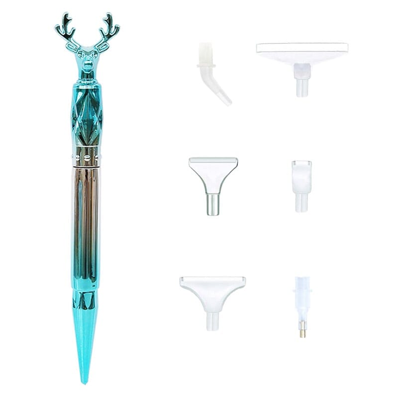 Blauer, metallischer Diamond Painting Stift mit Hirsch-Motiv und verschiedenen Aufsätzen für Diamond Painting Zubehör