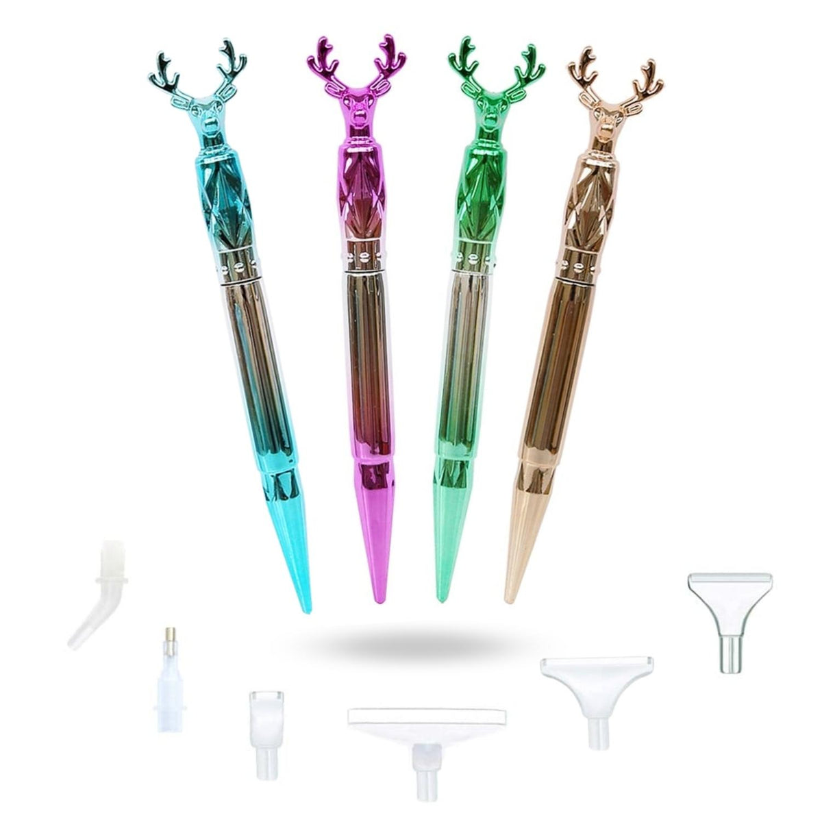 Set aus vier farbigen Diamond Painting Stiften mit Hirsch-Motiv und verschiedenen Aufsätzen für Diamanten Painting Zubehör